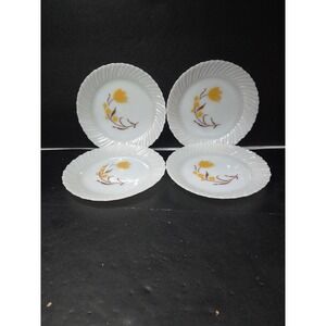 Termocrisa‎ Milk Glass Salad Plates, Yellow Floral Plates, Scalloped, Set of 4